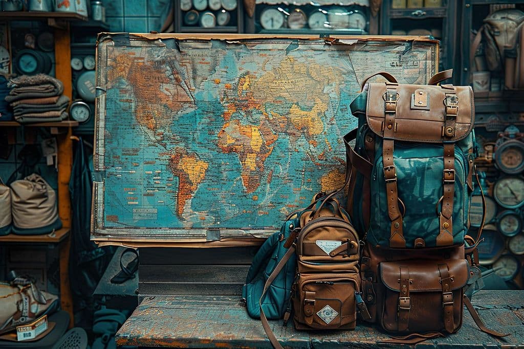 Un gran mapa con mochilas delante.